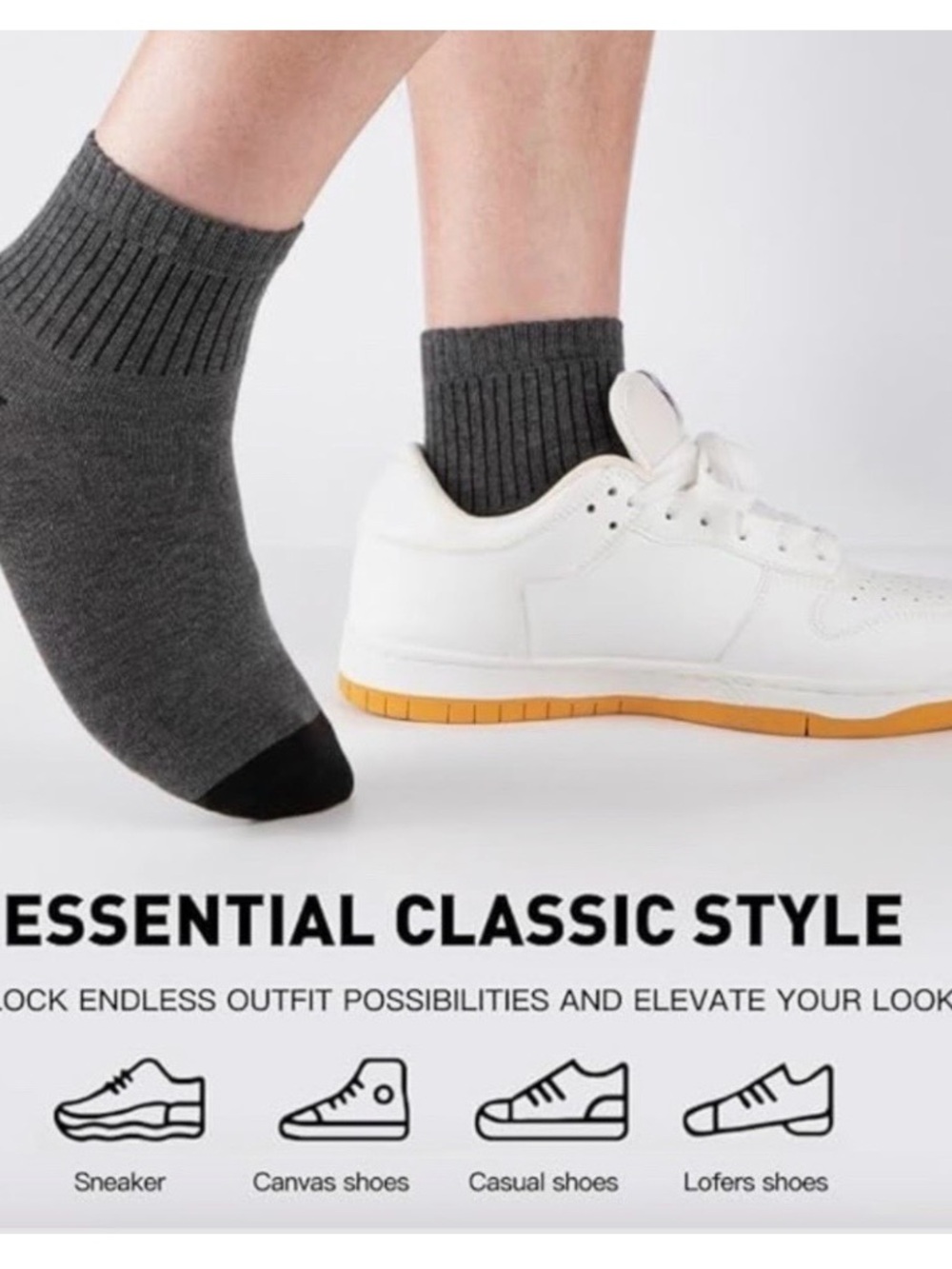 NEW 10 pairs Classic Crew Men's Ankle Socks - Gray with Black Toe Size 8-12